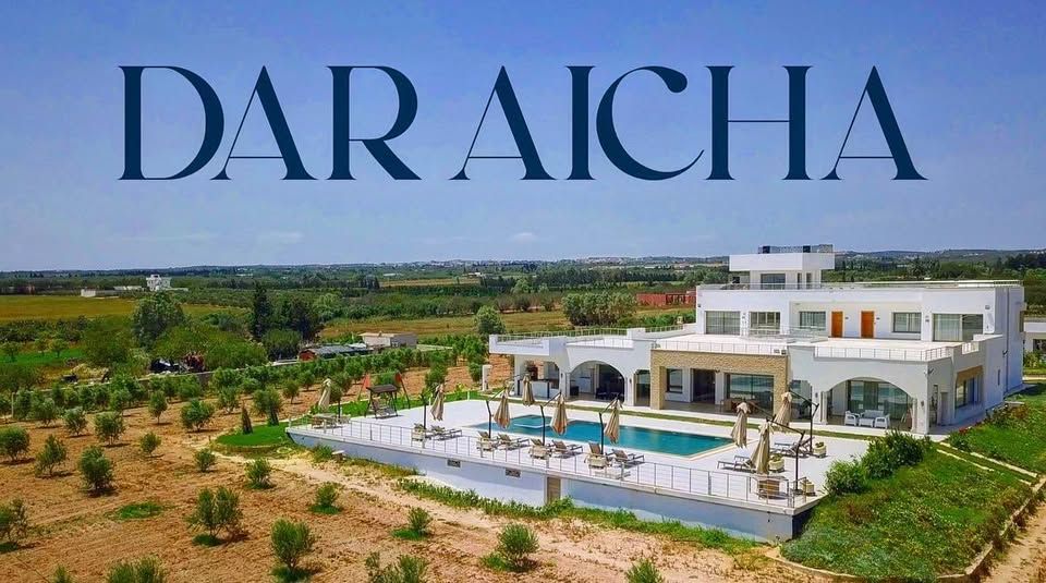 Vue aérienne de la propriété Dar Aïcha, villa entourée de jardins et d'oliviers